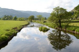 The placid Godrill Beck as it flows through Patterdale, with trees reflected in the water