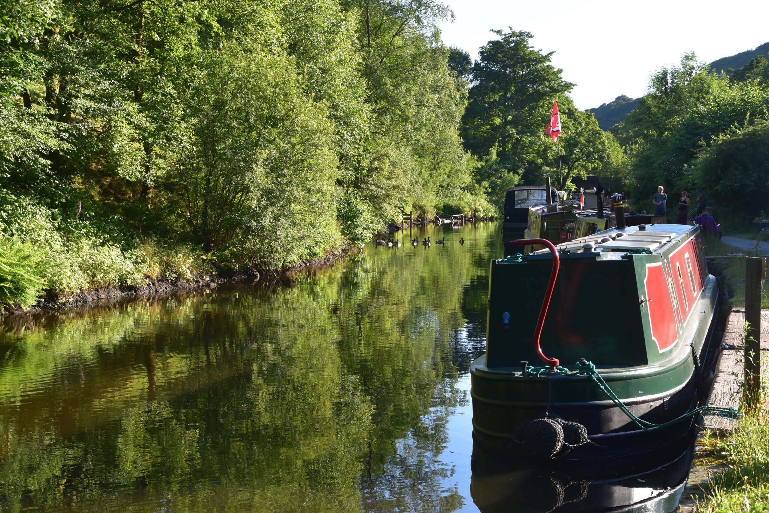 Canal boat on the water at Hebden Bridge