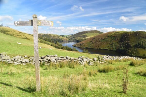 Old weathered signpost above Clywedog reservoir with old stone wall behind